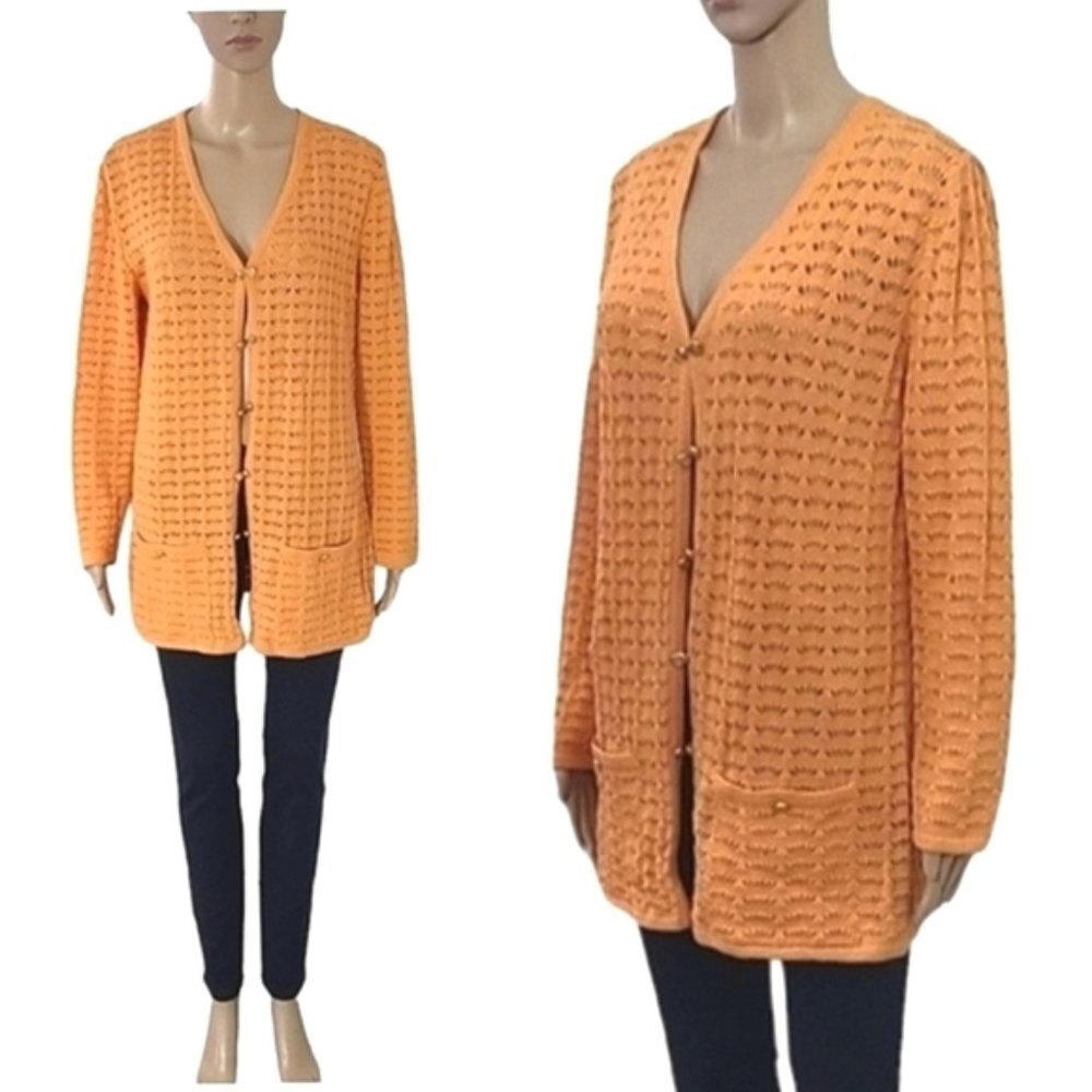 Vintage St John Knit Wool Long Cardigan Women Open Pointelle Knit Sweater Size L